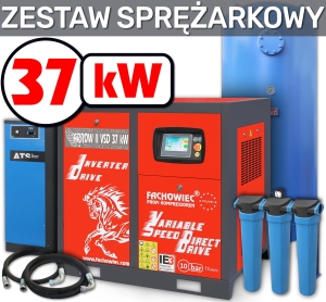 Sprężarka śrubowa ARROW II VSD 37 kW 2040-5600 l/min. 10bar + zbiornik 1000l + separator + osuszacz + filtry P i M + osprzęt