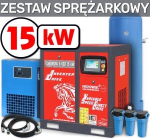 Sprężarka śrubowa ARROW II VSD 15 kW 720-1800 l/min. 10bar + zbiornik 500l + separator + osuszacz + filtry P i M + osprzęt