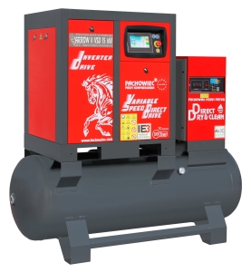 Sprężarka śrubowa ARROW II VSD 15 kW/500 720-1800 l/min. 10 Bar zestaw na zbiorniku poziomym 500L + osuszacz + filtry ISO 8573-1 1:4:1